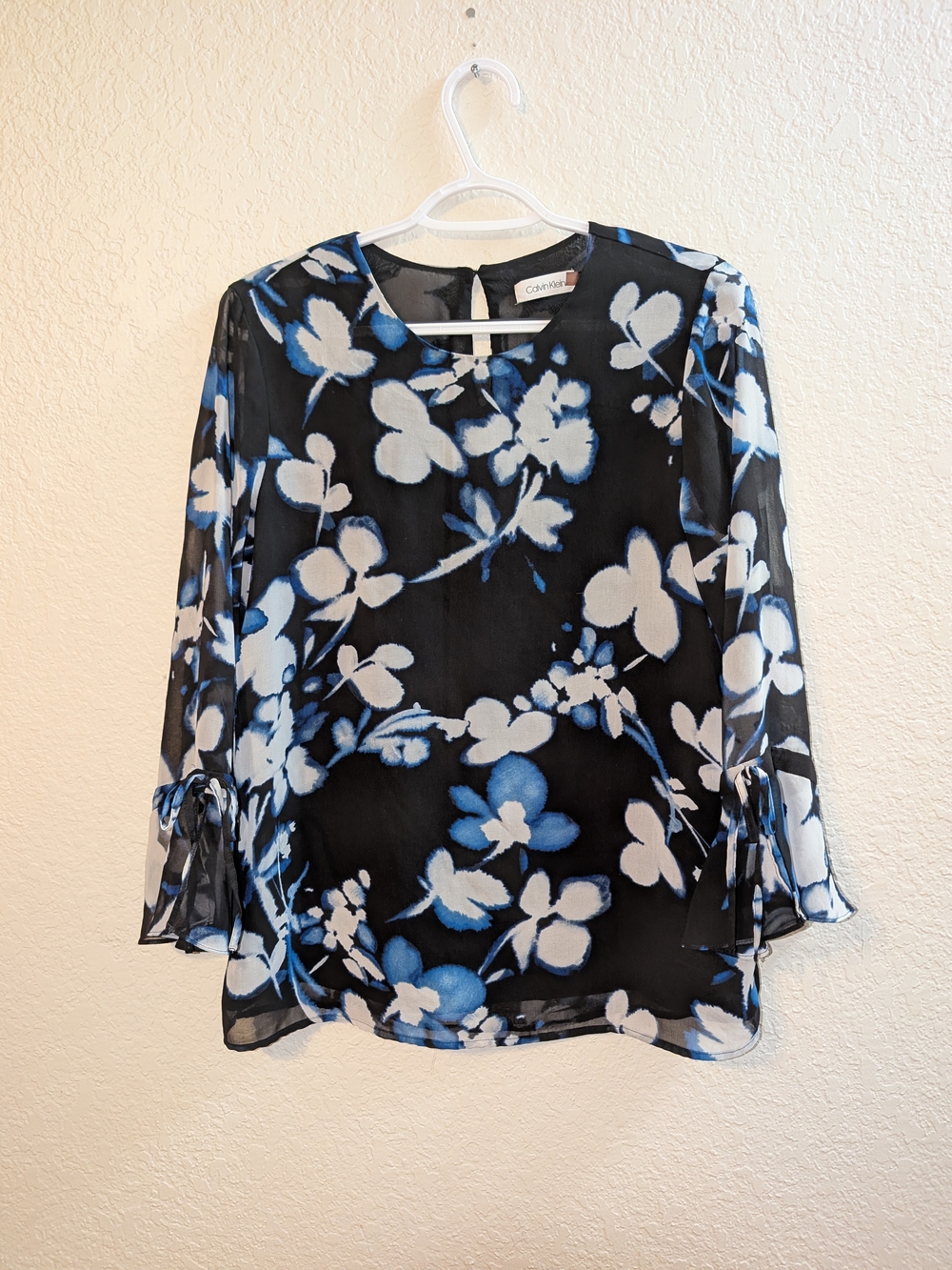 Calvin Klein Black & Blue Floral Semi Sheer Blouse, Size S